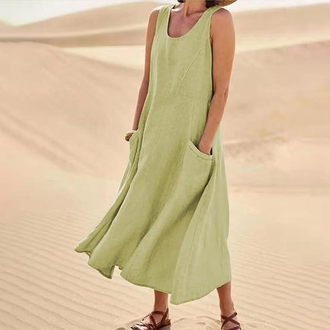Image of Apvirdy Linen Dress for Women Summer Sleeveless Solid Casual Baggy Flowy Maxi Dresses with Pockets