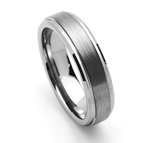Double Accent 6Mm Comfort Fit Tungsten Carbide Wedding Band Stepped Edge Flat Brushed Center Tungsten Ring (5 To 15), 9 #TOP3