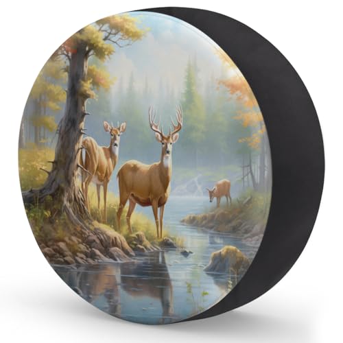 Image of Spare Tire Cover Mountain Deer Wheel Covers Protectors Waterproof Dust-Proof Universal Fit Trailer, RV, SUV and Many Vehicle 17 Inch