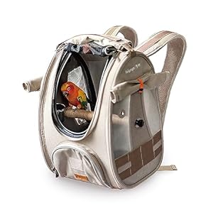 ibiyaya – BirdTricks TrackPack – Bird Backpack Carrier with Perch – Bird Carrier for Small Birds with Steel Feeding Bowl, and Breathable and Durable Material – Beige