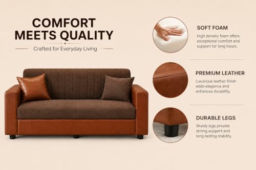 Image of Double Tone 2 Seater Sofa Couch, Upholstered Fabric & Faux Leather Sofa with Channeled Backrest, Living Room with Solid Wood Frame & Pillows, 134 cm (53 inch) Brown and Tan