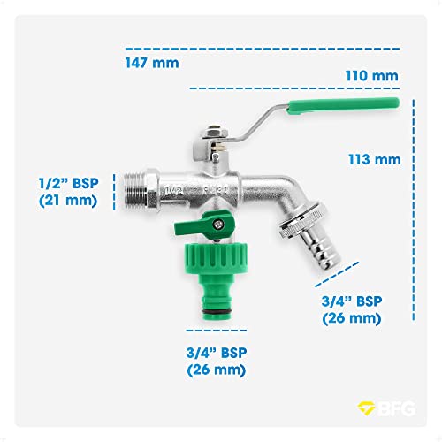 Bfg 23 Garden Tap, Garden Hose Kit, Inlet 1/2 Inch Bsp Two Outlets 3/4 Inch Bsp, Hose Connector - Nickel Plated Brass, Double Tap Ball Valve thumb #5
