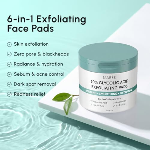 Image of MAREE Glycolic Acid Resurfacing Pads - Toner Pads for Face Cleansing - Exfoliating Pad with Tea Tree Oil, Salicylic Acid & Vitamins E, B3, B5 - Acne Treatment Device for Pore Resurfacing - 50 Count