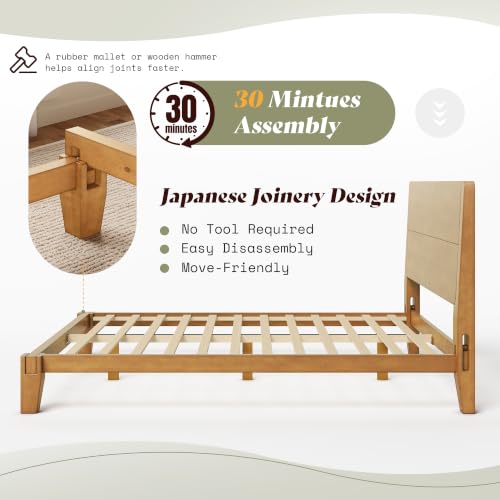 Image of AMERLIFE Solid Wood Full Bed Frame with Headboard, Japanese Joinery, Brown