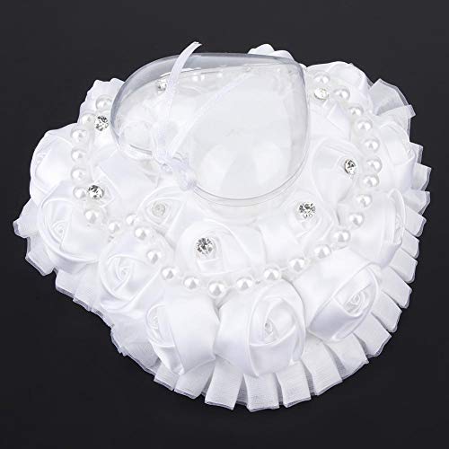 Wedding Ring Pillow, Heart-Shaped Ring Pillow Cushion Box with Ribbon Pearl Wedding Ceremony for Wedding Supplies Gift, 17x16cm - Thumbnail 5