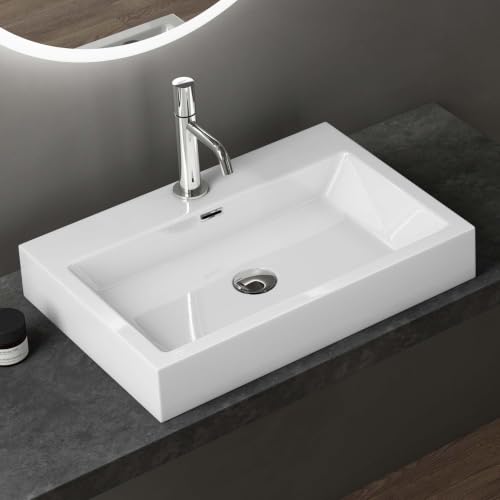 doporro Vasque à Poser 60cm Lavabo Suspendu Blanc Colossum06 Fonte Minérale Solid Surface 60x42x10cm