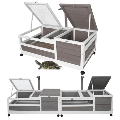 Tortoise Habitat Large Wooden Tortoise House Indoor & Outdoor, Reptile Cage for Small Animals-Leakproof Tray (Grey, 77" L x 23" W x 14.5" H) Grey 77"L