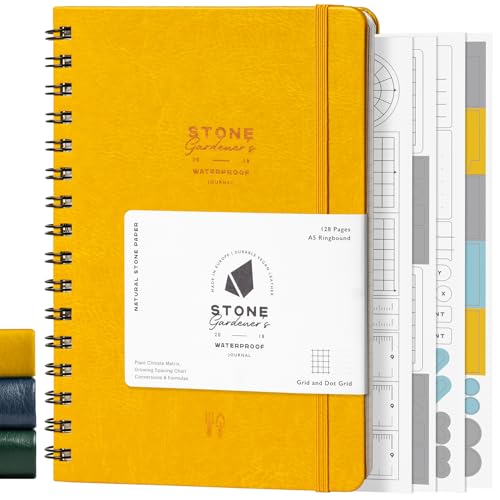 Stone Weatherproof Journal Gardening Notebook A5 Ring-Bound Vegan Leather Cover Waterproof Paper 128 Pages Half Grid & Dot Grid Garden Planner with Plant-Spacing Resources (Yellow)