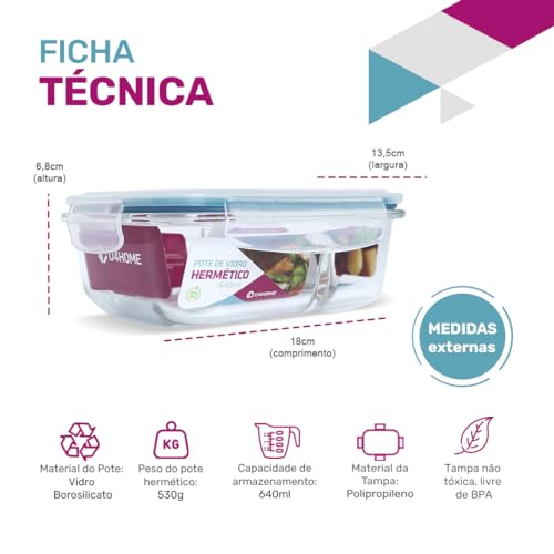 Kit 5 Pote de Vidro Retangular com Divisória 640ml Azul