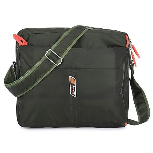 Crossbody Messenger Bag, Olive Green, Nylon, Adjustable Shoulder Strap, Orange Zipper Accents-image-46