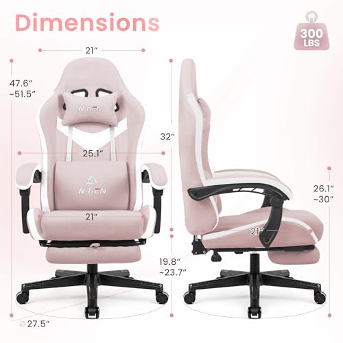 Image of N-GEN GAMING Video Gaming Chair Office Computer Desk Use Ergonomic Reclining Backrest Adjustable Armrests Lumbar Support Footrest High Density Foam Breathable Fabric Heavy Duty Base (Pink)