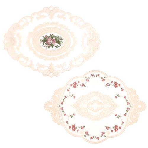 Dokeno Napperon Dentelle, 2 Pièces 31 x 42 cm, 31 x 44 cm Set de Table Dentelle Set de Table Ovale Beige Tapis de Table Rustique pour Table à Manger Table Basse Table de Jardin