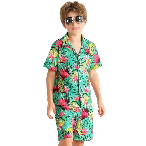 Image of Weixinbuy Boys Summer Outfits Short Sleeve Hawaiian Shirt and Shorts Vacation Set for Kids Summer Clothes Set
