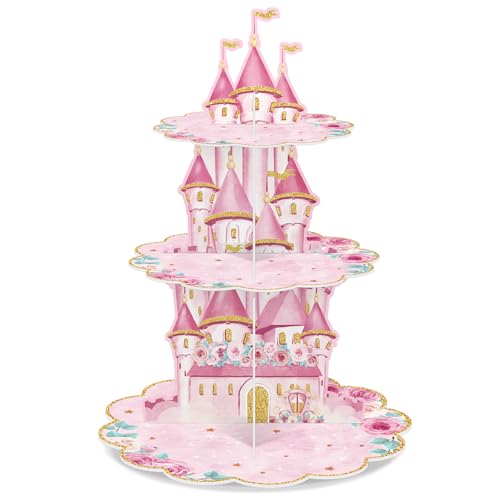 Zopeal 3 Tier Watercolor Princess Birthday Cupcake Stand Party Decorations Floral Princess Cupcake Holder Pink Flowers Dessert Tower for Girls Birthday Princess Theme Baby Shower Party Supplies