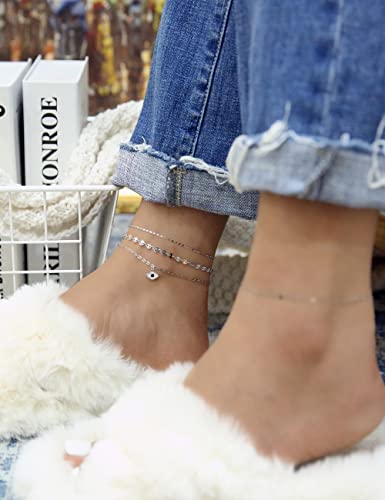 Evil Eye Gold Ankle Bracelets For Women 14K Gold Plated Anklet Silver Round Coin Disc Chain Anklets Cubic Zirconia Evil Eye Anklet Dainty Layered Anklet Set 3Pcs #TOP3