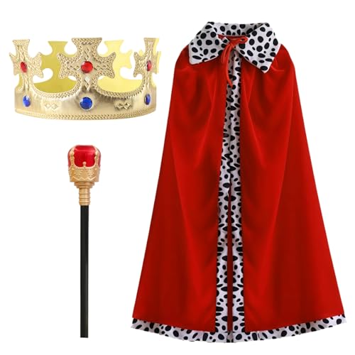 HPMAISON Set 3 King Fancy Dress Crown + 42CM Sceptre + 90CM Red Cape Set Prince Costume Tiara Royal Outfits Headwear Cosplay Birthday Party Halloween Role Play