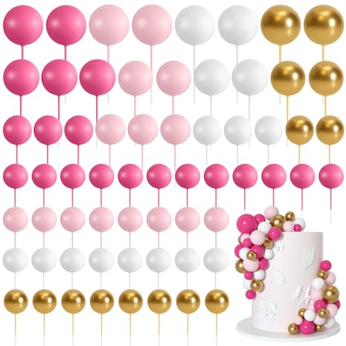 Bouiexye 75 bolas de espuma para decoración de tartas, decoración de magdalenas, mini globos, para decoración de pasteles, fiesta de cumpleaños, boda (rosa rosa, rosa, oro, blanco)