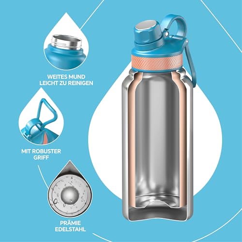 Ideus Vakuumisolierte Wasserflasche, 950 ml Edelstahl Doppelwand Flasche Metall Sport Kantine mit auslaufsicherem Schraubverschluss – Ansicht 3