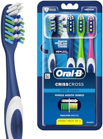 Oral-B Criss Cross Deep Clean Medium Bristles Manual Toothbrush For Adults,Tongue Cleaner, Multicolour Tooth Brush Set, Oral B Dentist Recommended Brand (Family Pack of 4)
