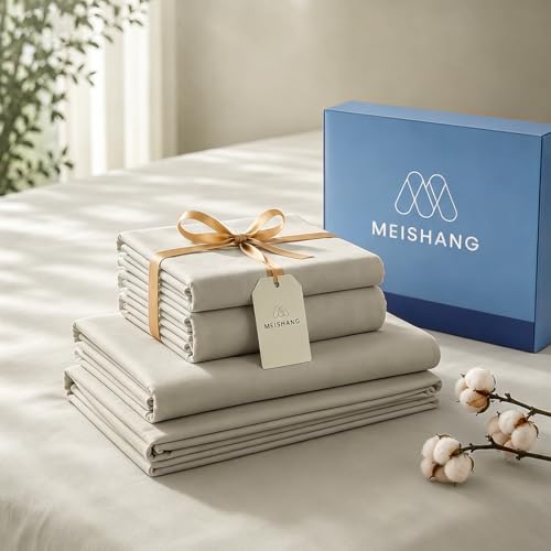 Image of MEISHANG 1000 Thread Count Cotton Sheets Queen Size - 100% Egyptian Cotton, Sateen Weave, Ultra Soft & Breathable Sateen, 16 inch Deep Pockets - 4 Piece (Queen, Khaki)