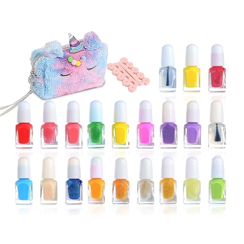 Set de Esmaltes de Uñas para Niñas, Kit de 16 Colores a Base de Agua con Pegatinas, Uñas Postizas, Separadores, Pulsera y Maletín, Regalo Ideal para Niñas de 3 a 8 Años (Set 1)