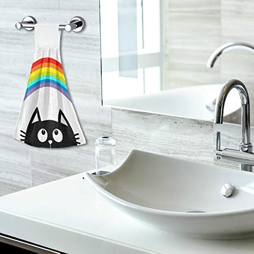 Cute Black Cat Hand Towel 2 Pack Big Rainbow Hanging Tie Towels Loop For Kitchen Dish Towel Bathroom Absorbent Washcloth #TOP6