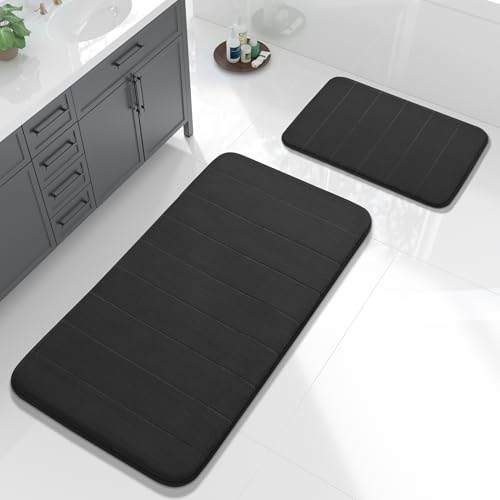Image of Yimobra 2 Pieces Memory Foam Bath Mat Sets, 17x24+44.1x24 Inches for Bathroom Rugs, Toilet Mats, Non-Slip, Soft Comfortable, Water Absorption, Machine Washable, Black