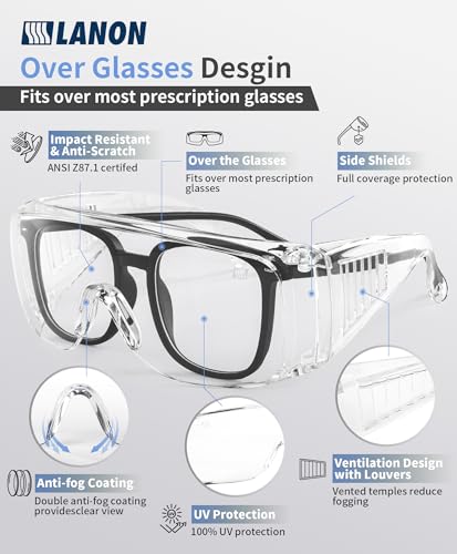 LANON 3 Pack Safety Glasses Over Eyeglasses,ANSI Z87.1 Standard,Anti-Fog & Scratch,Peripheral Protection, High Transmission,Anti-UV,Wrap Around Clear Safety Goggles