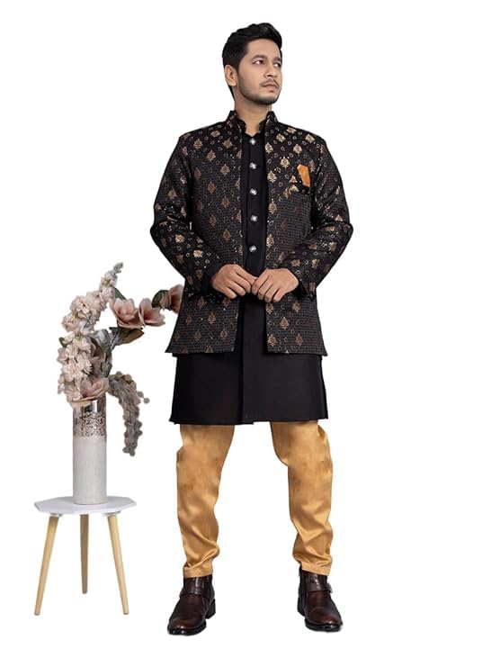 Image of XEPON Men's Jacquard Ethnic Wear Kurta Pajama With Stylish Long Jacket Set