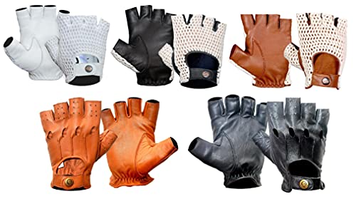 Gants Mitaine de Conduite en Cuir Souple Marron, Crochet de Coton Blanc Pour Hommes Style Rétro Sans Doigt Pour Fitness Voiture Moto Vélo Gym Musculation Cyclisme et Extérieur (Marron, S)