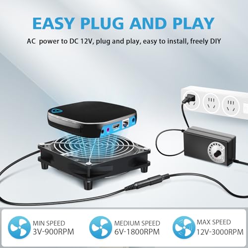 120mm Fan, DC 12V Computer Fan with AC Plug, Variable Speed Muffin Fan, AC110V 120V 220V 240V Speed Controller, 120x25mm Computer Case Fan for Small Box, Exhaust,RV Fridge, Cabinet,Green House, Xbox