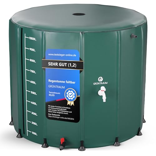 GRÜNTRAUM Regentonne faltbar 1000L XXL – Regenfass groß/Regenwassertonne/Wassertank faltbar – Wasserfass stabil – witterungsbeständig – mit Füllstandsanzeige & Air Wing System Garten (Grün, 1000L)