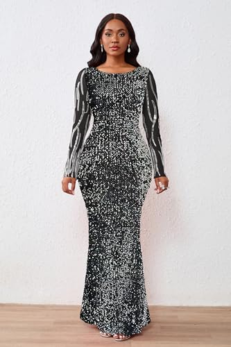 Image of VERWIN Women's Sequins Bodycon Round Neck Long Sleeve Sparkly Mermaid Maxi Dress for Casual Party Cocktail