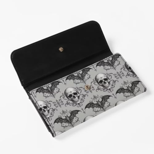 Image of AFPANQZ Womens Wallets Leather Clutch Long Wallet for Women Card Holder | Halloween Bat Skull Print Thin Ladies Credit Card Holder Purse, Cute Leather Bifold Clutch