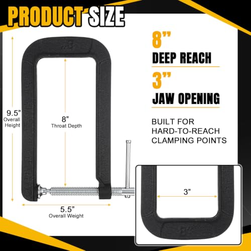 Image of 8 Inch C Clamp Throat Depth Heavy Duty C Clamp Cast Iron Industrial Strength for Woodworking Welding Brake Calipers Maintain Building DIY Project Automotive Applications