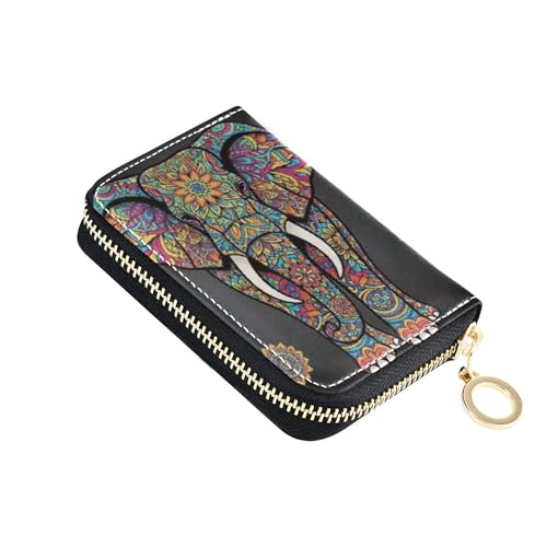 Elephant Mandala Floral Black Wallet Women Leather Credit Card Wallets RFID Blocking Decorative Zipper Wallet with Coin Pocket