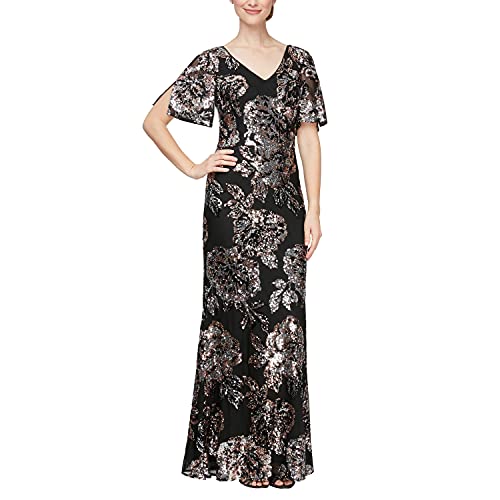 Image of Alex Evenings Women's Long Mother of The Bride Sequin Dress with Cold Shoulder Flutter Sleeves (Petite and Regular Sizes)