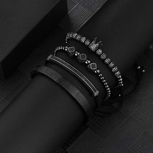Haoze Imperial Crown King Mens Bracelet, 8Mm Cz Beads Gold Bracelets For Men Luxury Crown Charm Fashion Bangle Birthday Jewelry(4Pcs - Black - Style 1) #TOP3