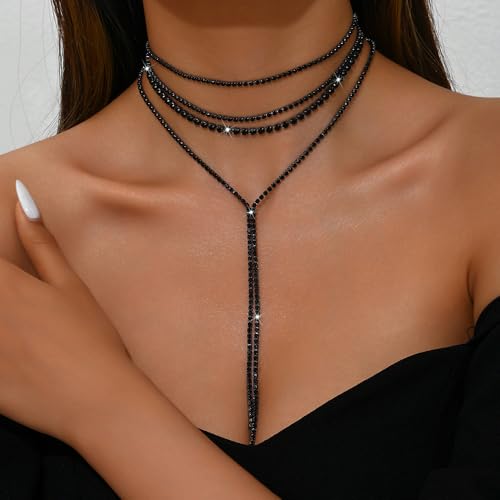 Boho Fashion Y Long Neckalce Prom Shinny Black Silver Rhinestones Choker Necklace Dainty Layered Sexy Choker Necklace Black Halloween Christmas Necklace for Women 4 Tier3
