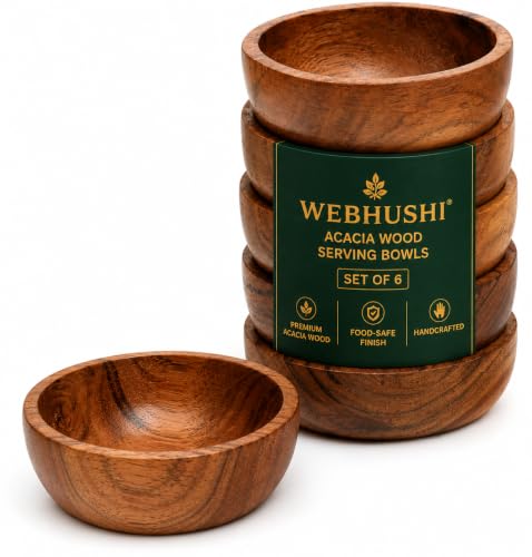 WEBHUSHI Acacia Wood Bowls: Handcrafted Rustic 6 Bowls of 3.75-inch 0.25 liters Capacity Each