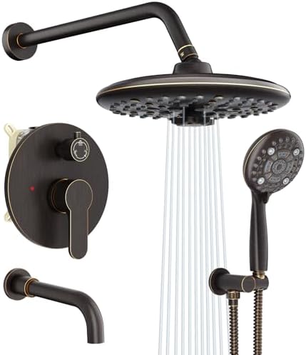 SR SUN RISE 10 Inches Wall Mounted Shower System with Tub Spout Shower Tub Faucets Sets Complete Newer Model High Pressure 3-Spray Rain Shower Head and 6-Setting Handheld Combo, Oil Rubbed Bronze