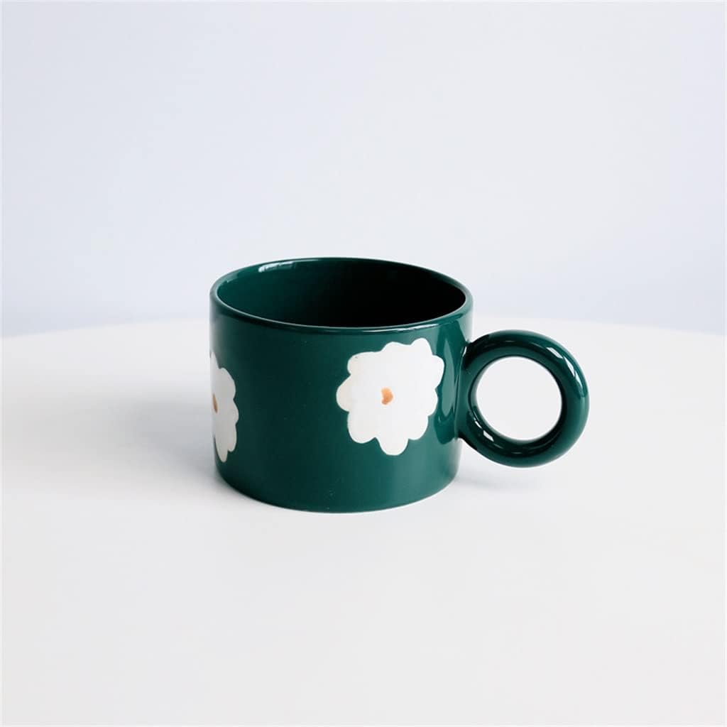 Nordic Hand-painted Flower Ceramic Mug Personality Tea Cup With Round Handle Emerald Couple Coffee Cup