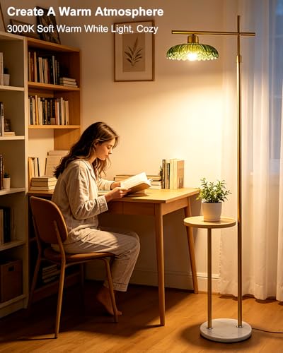 Image of Lightdot Glass Floor Lamp with Table, Gold Standing Lamp with Green Umbrella Glass Shade, Dimmable LED Floor Lamp with Marble Base for Living Room Bedroom, Bulb Included