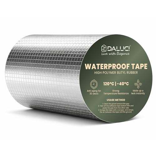Image of DALUCI Super Strong Waterproof Butyl Tape for Leakage Repair - Self Adhesive Heavy Duty Aluminum Foil Tape for Roof Waterproofing, Water Leakage, Pipe, Wall & Tank Sealing (Silver, 6 Inch (15CM*5M))