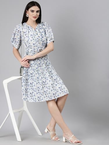 Image of SHOWOFFFF Women Printed Fit and Flare Casual Dress | Sweetheart Neck 3 /4th Sleeves Cotton Dress for Womens | Knee Length Dress for Women's
