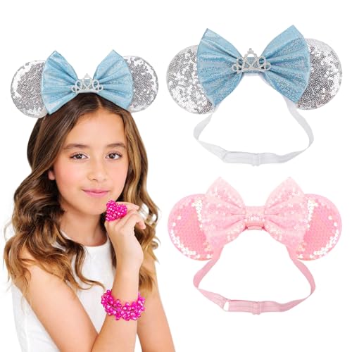 Image of DRESHOW Minnie Ears Headbands Mouse Ears Sequin Bow Headbands Elastic Adjustable Headband Glitter Party Decoration Cosplay Costume for Women