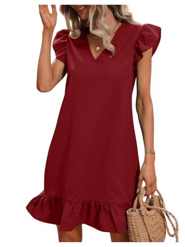 Image of SOLY HUX Summer Dresses for Women V Neck Cap Sleeve Ruffle Hem Smock Short Dress Plain Burgundy Large