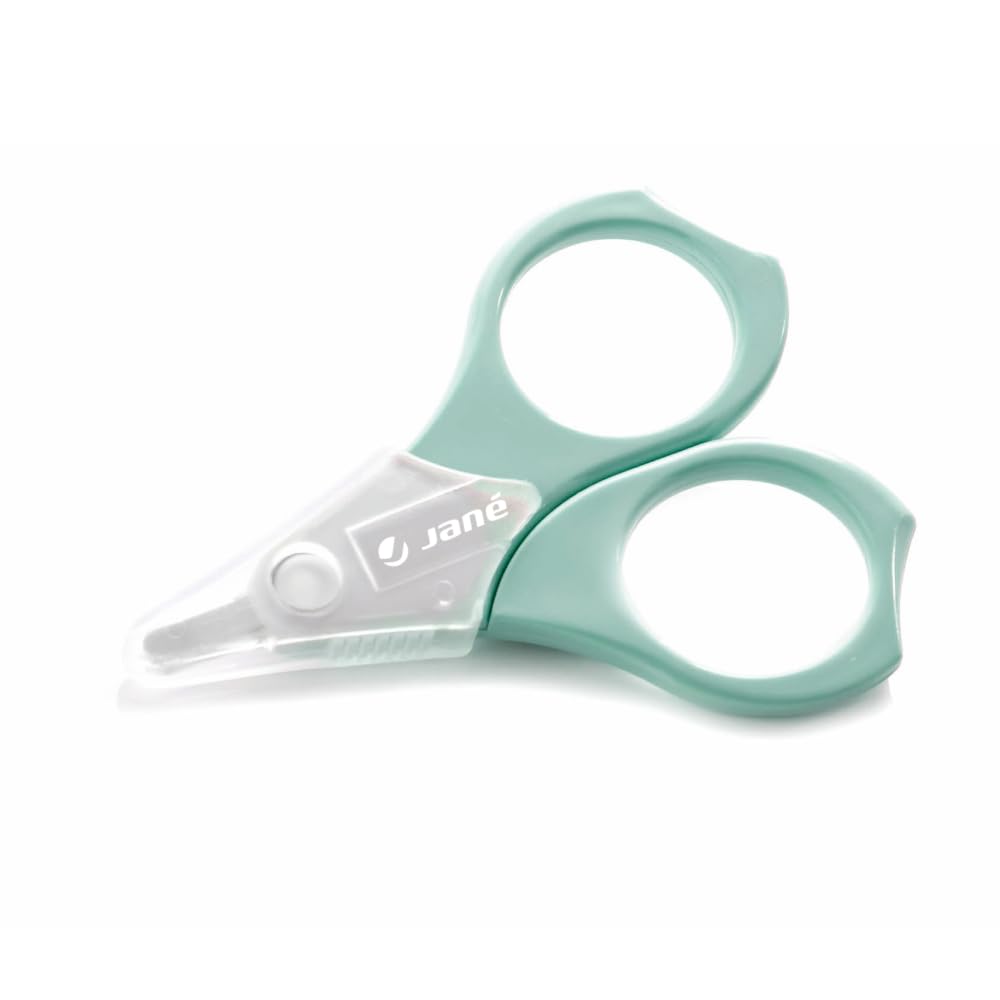 Jané Tijeras para Bebés, Recién Nacido, Punta Redondeada, con Capuchón Higiénico, Acero Inoxidable, Verde