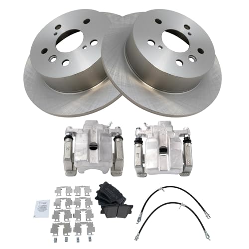 Image of TRQ Rear Brake Pad and Rotor Set Semi Metallic Rotors Calipers Compatible with 2013-2015 Toyota Avalon 2012-2017 Camry