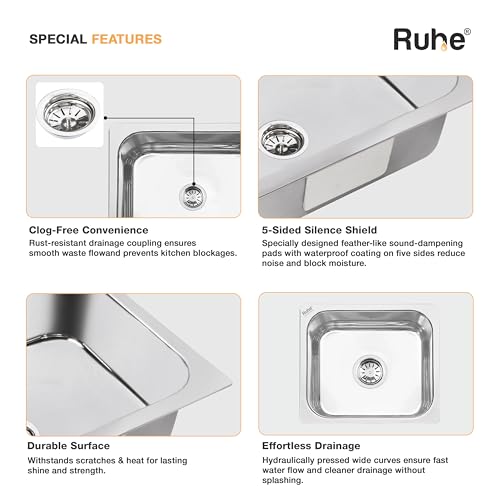 Image of Ruhe Hydraulic Square Single Bowl Kitchen Sink - 15x12x6 inches | 304-Grade Stainless Steel Sink with Glossy Finish | Kitchen Sink Including Coupling and Waste Pipe